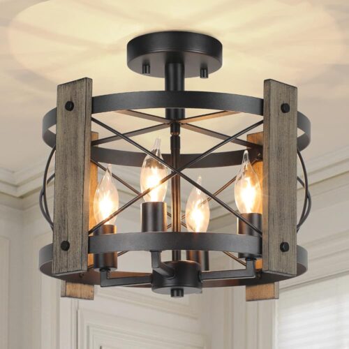BrightHome Farmhouse Rustic Light Fixture Ceiling Mount, Semi Flush Mount Ceiling Light Fixture, 4-Light Black Industrial Retro Washed Ceiling Light for Kitchen Dining Room...