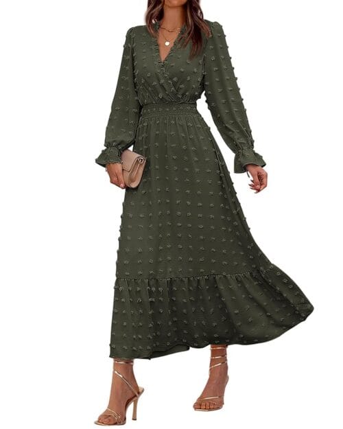BTFBM Women Fall Dresses 2024 Long Sleeve V Neck Swiss Dots Maxi Dress Boho Long Dress High Waisted A-Line Ruffle Dress