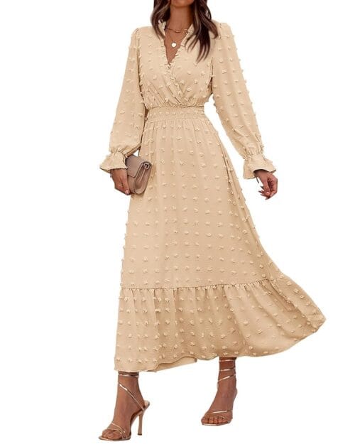 BTFBM Women Fall Dresses 2024 Long Sleeve V Neck Swiss Dots Maxi Dress Boho Long Dress High Waisted A-Line Ruffle Dress