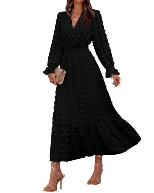 BTFBM Women Fall Dresses 2024 Long Sleeve V Neck Swiss Dots Maxi Dress Boho Long Dress High Waisted A-Line Ruffle Dress