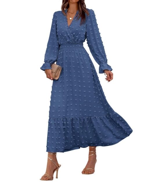 BTFBM Women Fall Dresses 2024 Long Sleeve V Neck Swiss Dots Maxi Dress Boho Long Dress High Waisted A-Line Ruffle Dress