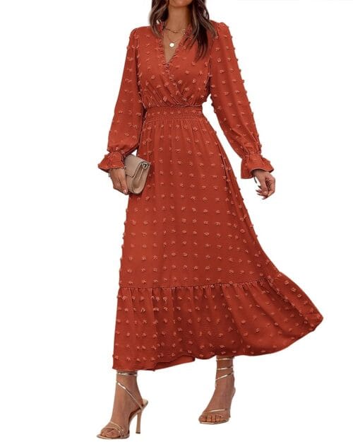 BTFBM Women Fall Dresses 2024 Long Sleeve V Neck Swiss Dots Maxi Dress Boho Long Dress High Waisted A-Line Ruffle Dress