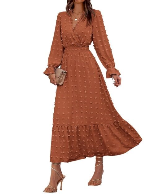 BTFBM Women Fall Dresses 2024 Long Sleeve V Neck Swiss Dots Maxi Dress Boho Long Dress High Waisted A-Line Ruffle Dress