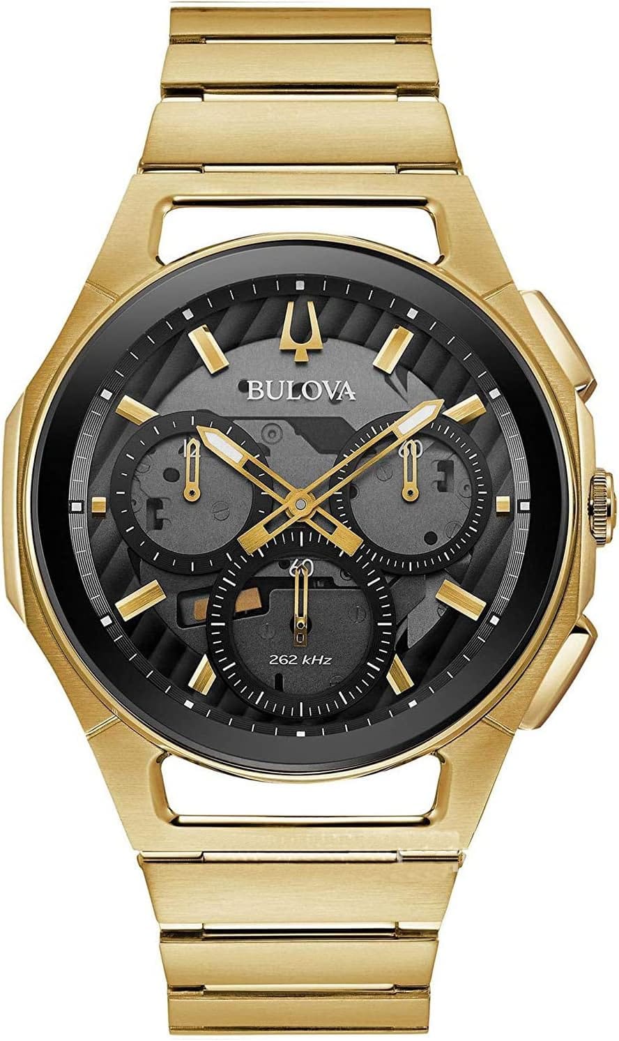 Bulova Men’s CURV High Performance Quartz Stainless Steel Watch, 5-Hand Chronograph, Sapphire Crystal, Luminous Hands, Gold-Tone/Black Dial