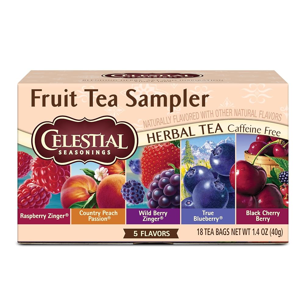 Celestial Seasonings Fruit Tea Sampler Herbal Tea Variety Pack, Caffeine Free, 18 Tea Bags Per Box