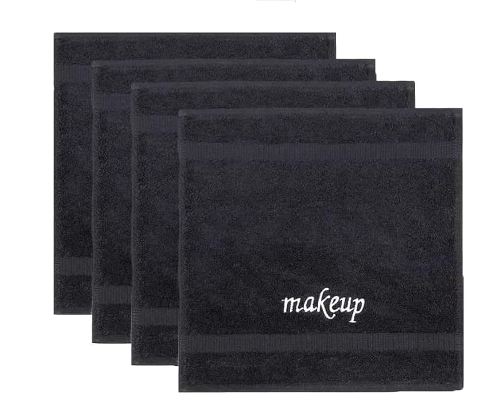 Chakir Turkish Linens | Hotel & Spa Quality 100% Cotton Premium Turkish Towels | Soft & Absorbent (4-Piece Washcloths, Black – Makeup Embroidered)