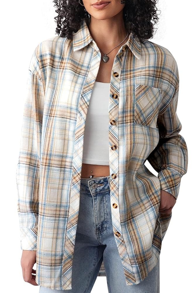 CHYRII Womens Button Down Flannel Shirts Long Sleeve Plaid Shackets Business Casual Blouse Top