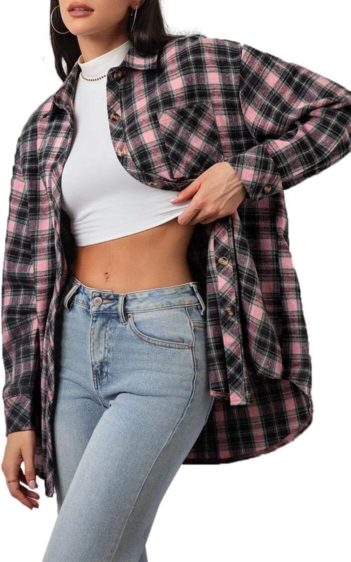 CHYRII Womens Button Down Flannel Shirts Long Sleeve Plaid Shackets Business Casual Blouse Top