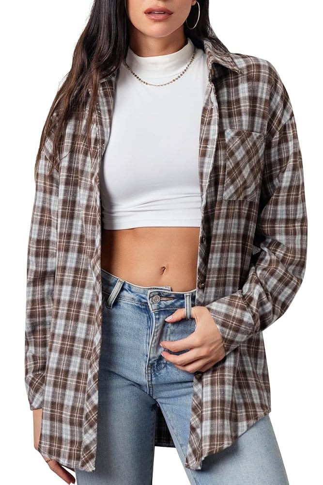 CHYRII Womens Button Down Flannel Shirts Long Sleeve Plaid Shackets Business Casual Blouse Top