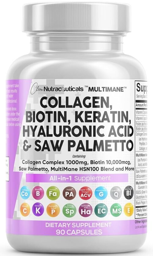 Clean Nutraceuticals Collagen Pills 1000mg Biotin 10000mcg Keratin Saw Palmetto 2500mg Hyaluronic Acid - Hair Skin & Nails Vitamins & DHT Blocker with Vitamin E Folic Acid...