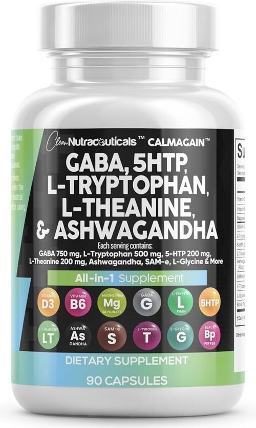 Clean Nutraceuticals GABA 750mg 5 HTP 200mg L Tryptophan 500mg L Theanine 200mg Ashwagandha 3000mg SAM-e L-Glycine - Mood Support Vitamins for Women and Men with L-Tyrosine - Count