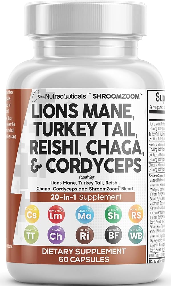 Clean Nutraceuticals Lions Mane 3000mg 20in1 Mushroom Supplement with Turkey Tail 2000mg Reishi 1000mg Cordyceps Chaga 1000mg Maitake Meshima Poria Cocos Shiitake Oyster Porcini…
