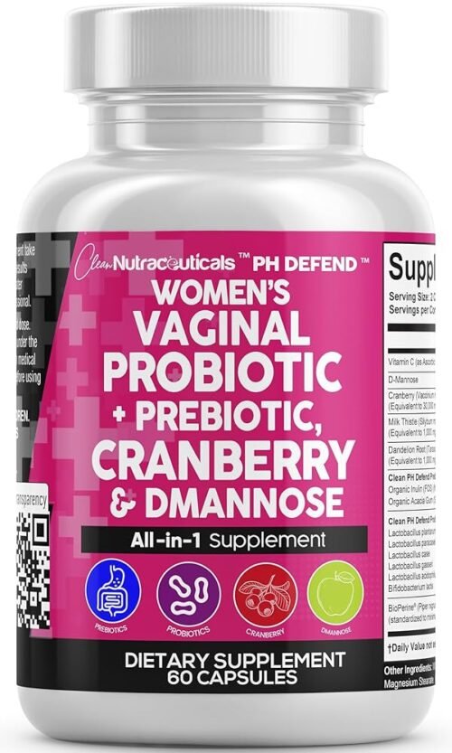 Clean Nutraceuticals Vaginal Probiotics for Women + Prebiotics 20 Billion Cranberry Pills 30,000mg w/D-Mannose 500 mg for Urinary Tract Health pH Balance - for Vaginal Health...