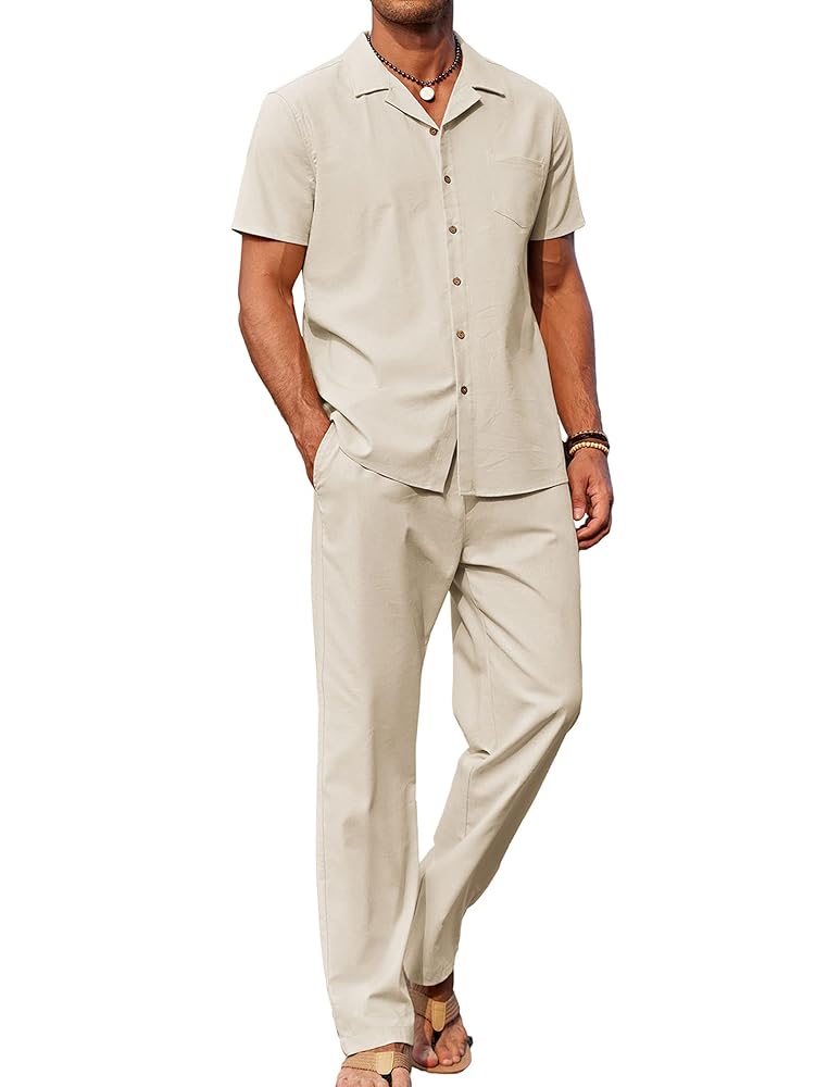 COOFANDY Men 2 Piece Linen Outfit Beach Button Down Shirt Casual Loose Pant Sets