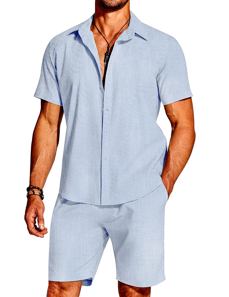 COOFANDY Men’s 2 Pieces Cotton Linen Set Short Sleeve Button Down Shirts Summer Beach Shorts Casual Outfits