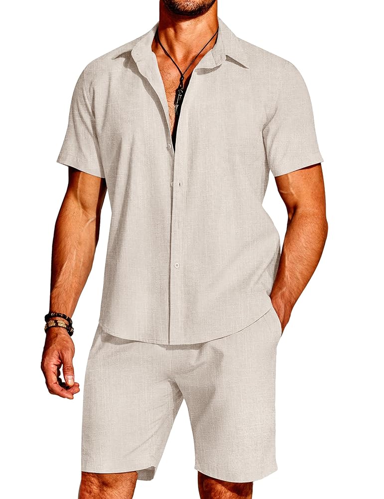 COOFANDY Men’s 2 Pieces Cotton Linen Set Short Sleeve Button Down Shirts Summer Beach Shorts Casual Outfits