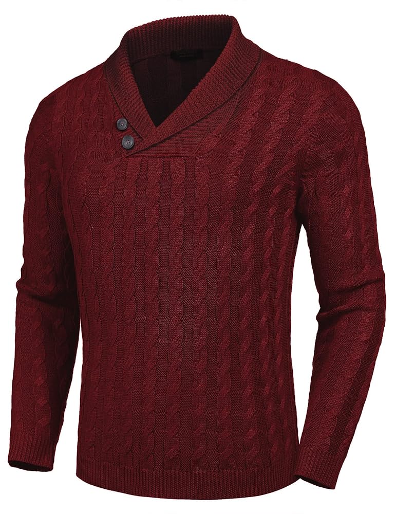 COOFANDY Men’s Shawl Collar Pullover Sweater Slim Fit Casual Button Cable Knit Sweaters
