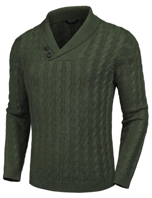 COOFANDY Men's Shawl Collar Pullover Sweater Slim Fit Casual Button Cable Knit Sweaters