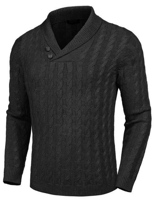COOFANDY Men's Shawl Collar Pullover Sweater Slim Fit Casual Button Cable Knit Sweaters