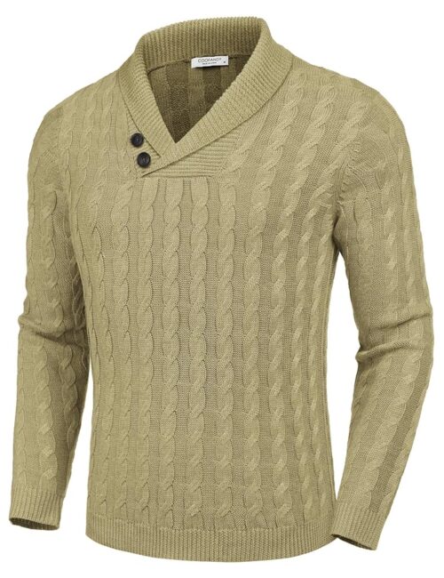COOFANDY Men's Shawl Collar Pullover Sweater Slim Fit Casual Button Cable Knit Sweaters