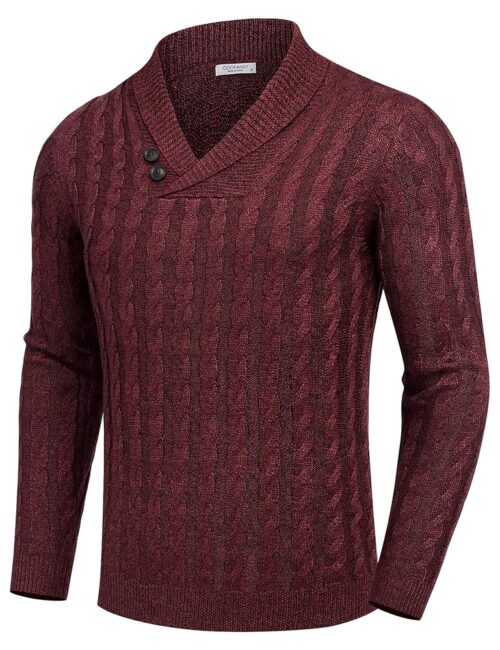 COOFANDY Men's Shawl Collar Pullover Sweater Slim Fit Casual Button Cable Knit Sweaters