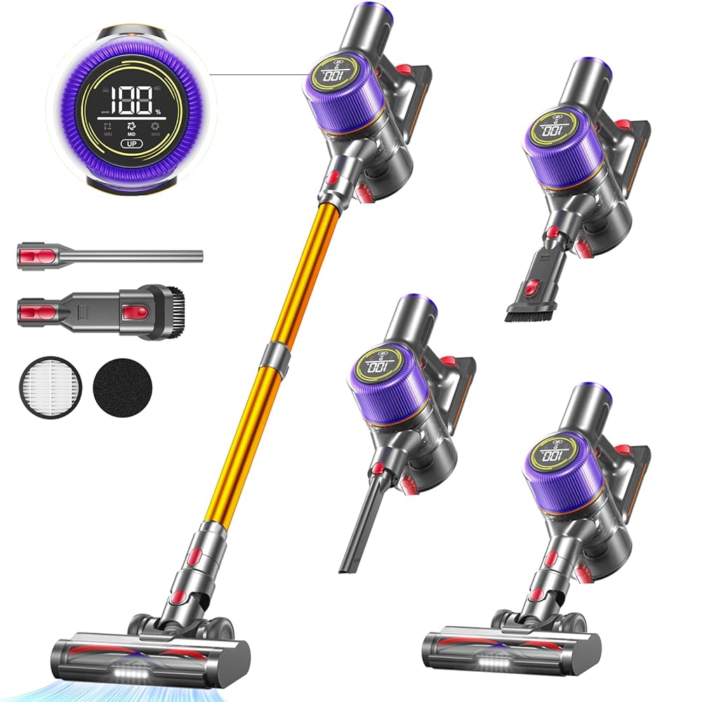 Cordless Vacuum Cleaner, 45Kpa 550W Powerful Vacuum Cleaners for Home , 60 Mins Stick Vacuum with Touch Screen, Anti-Tangle Roller Brush, Lightweight Vacuum Cordless for Pet…
