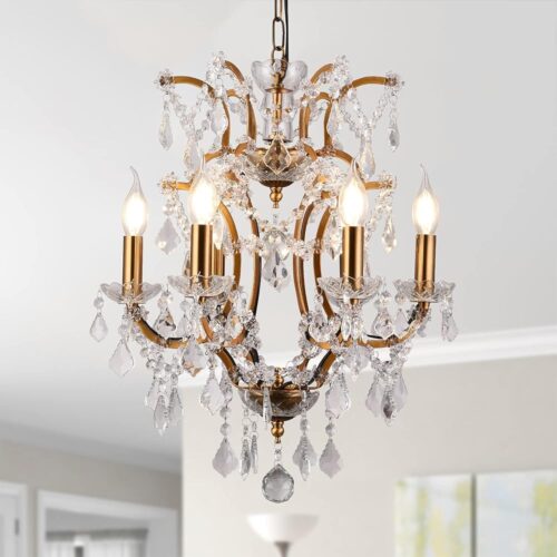 Crystal Chandeliers 6 Lights, Small Crystal Chandelier Brass for Dining Room, Modern Chandelier Pendant Light Fixture for Hallway Bedroom Kitchen Island