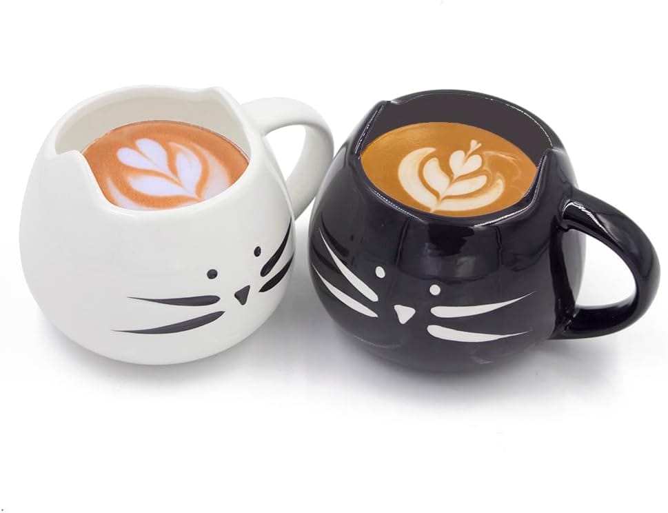 Cute Cat Coffee Mug Set – Lovely Ceramic Cat Tea Mug Cup Gift Set for Cat Lovers Women and Girls(12 oz, Black & White)