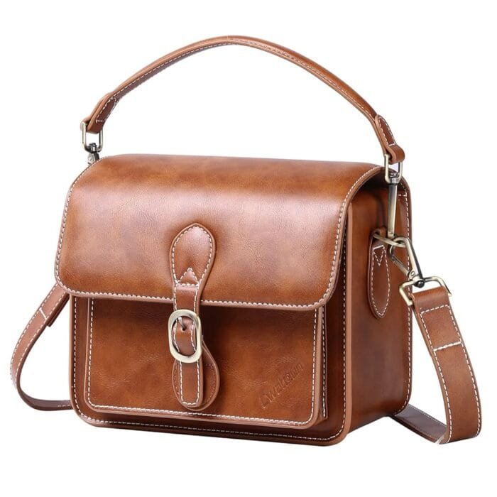 Cwatcun Camera Shoulder Bag Compact Camera Case Waterproof Retro Compatible for Canon Nikon Sony SLR DSLR Mirrorless Camera and Lens Brown, Small
