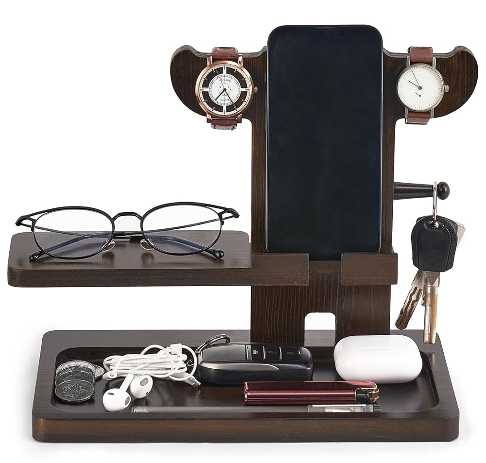Dahey Wood Phone Docking Station Nightstand Organizer Birthday Gifts for Father Men Desk Organizer Cell Phone Key Holder Wallet Stand Watch Mens Christmas Gift for Dad Husband