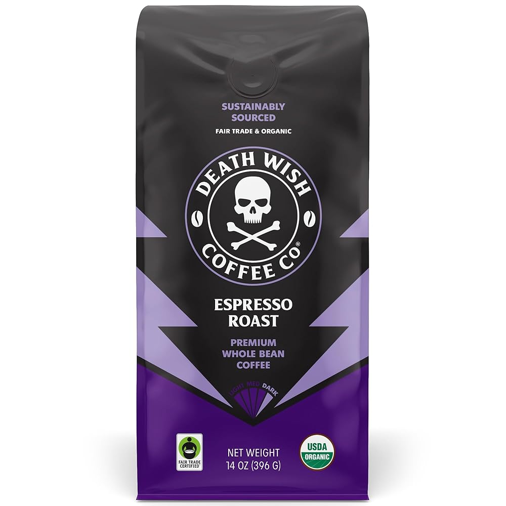 Death Wish Coffee Co. Whole Bean Espresso Roast – Organic, Fair Trade, Arabica and Robusta Coffee Beans, 14 ounce (Pack of 1)