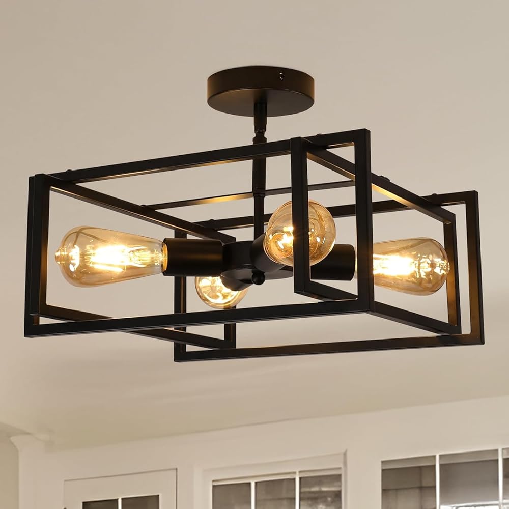 DELIPOP Semi Flush Mount Ceiling Light, 4-Light Black Farmhouse Industrial Ceiling Light Fixtures with Square Metal Frame Light Fixtures Ceiling Mount for Kitchen, Dining Room,…