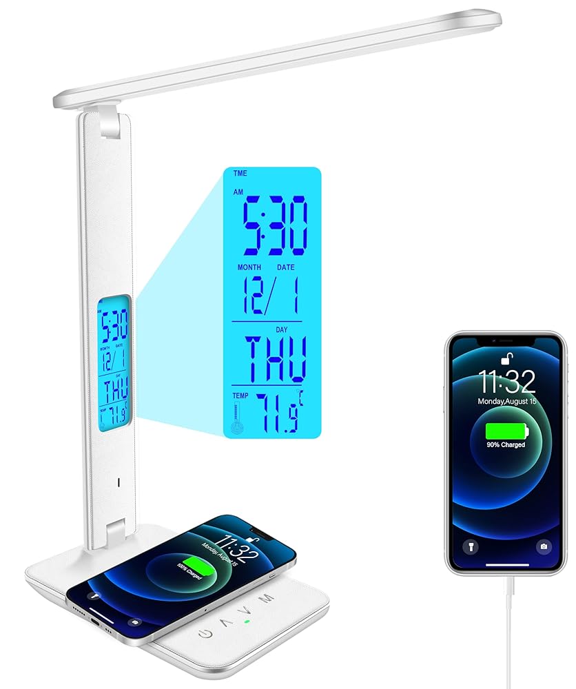 Desk Lamp with Wireless Charger, USB Charging Port, Dimmable Office Desk Light with Clock, Alarm, Date, Temperature, Foldable Lamp for Table Bedroom Bedside Office (White)