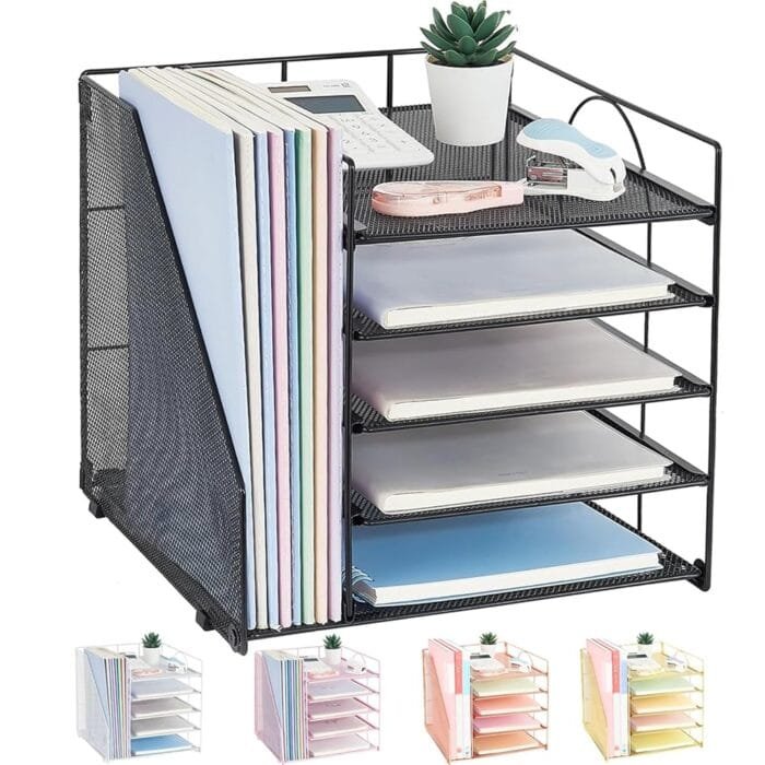Desk Organizers and Accessories, 5-Tier Paper Letter Tray Organizer with File Holder, Desktop Organizer for Office Supplies, Office Desk Accessories & Workspace (Black)