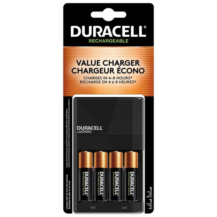 Duracell Ion Speed 1000-Battery-Charger for AA and AAA-batteries, Includes 4 Pre-Charged AA-Rechargeable-Batteries, for Household and Business Devices