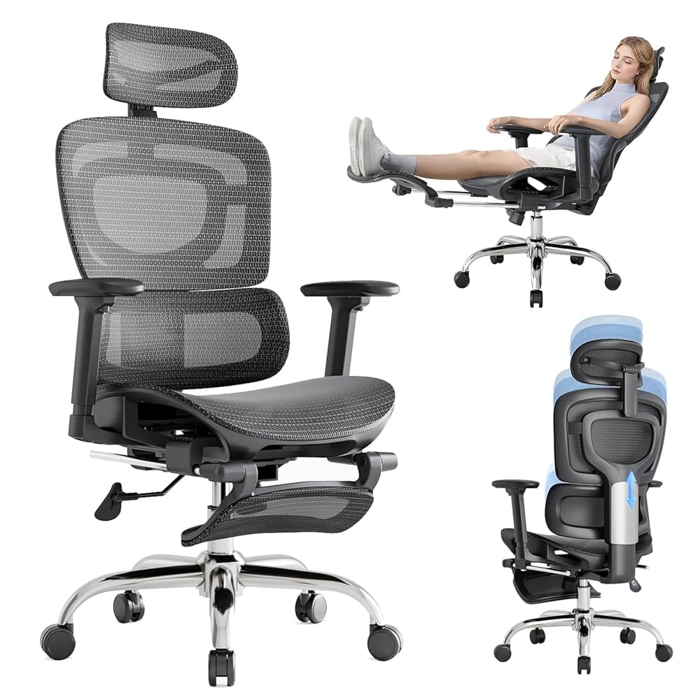 Ergonomic Office Chair, Breathable Mesh Chair with Adaptive Lumbar Support, 3D Headrest, Armrests, Retractable Footrest, and a Six-Position Adjustable Backrest, Office Desk…