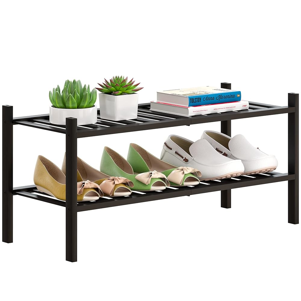 FILWH Bamboo Shoe Rack Stackable Shoe Shelf Storage Organizer for Unit Entryway Hallway and Closet Sturdy Freestanding Shoe Shelf(2 Tier Black)