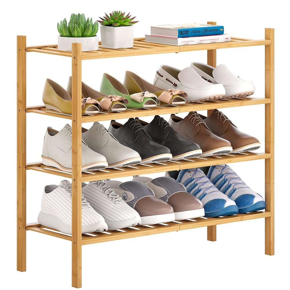 FILWH Bamboo Shoe Rack Stackable Shoe Shelf Storage Organizer for Unit Entryway Hallway and Closet Sturdy Freestanding Shoe Shelf (4 Tier Natural)