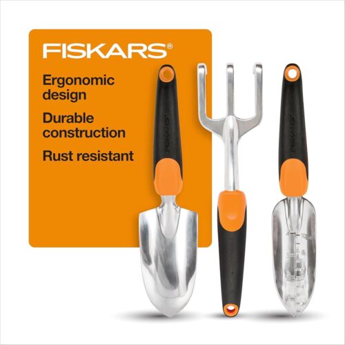 Fiskars Gardening Tool Set, 3 Pack Includes Rust Resistant Trowel, Transplanter, and Cultivator Garden Tools for Outdoor Planting, Ergonomic Yard Tools Kit - Gardening Gifts for...