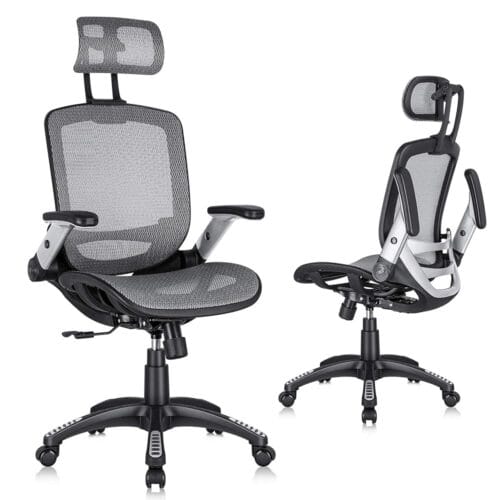 GABRYLLY Ergonomic Office Chair, High Back Home Desk Chair with Headrest, Flip-Up Arms, 90-120° Tilt Lock and Wide Cushion, Big and Tall Mesh Chairs for Man Woman, Grey Task Chair