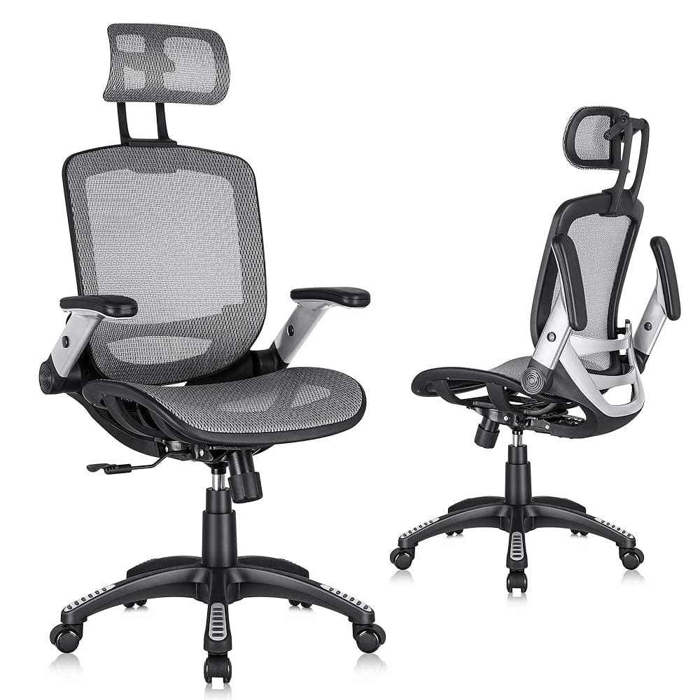 GABRYLLY Ergonomic Office Chair, High Back Home Desk Chair with Headrest, Flip-Up Arms, 90-120° Tilt Lock and Wide Cushion, Big and Tall Mesh Chairs for Man Woman, Grey Task Chair