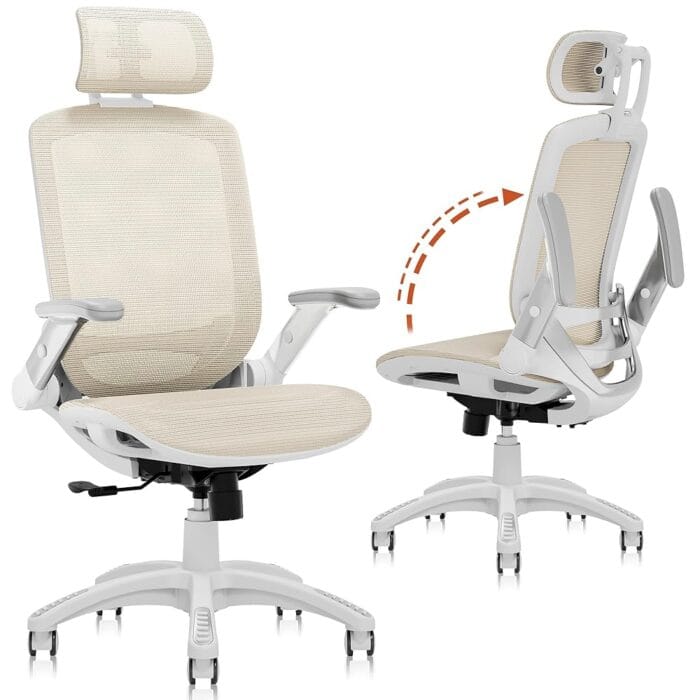 GABRYLLY Ergonomic Office Chair, High Back Home Desk Chair with Headrest, Flip-Up Arms, 90-120° Tilt Lock and Wide Cushion, 400LBS Mesh Chairs for Man Woman, White Task...