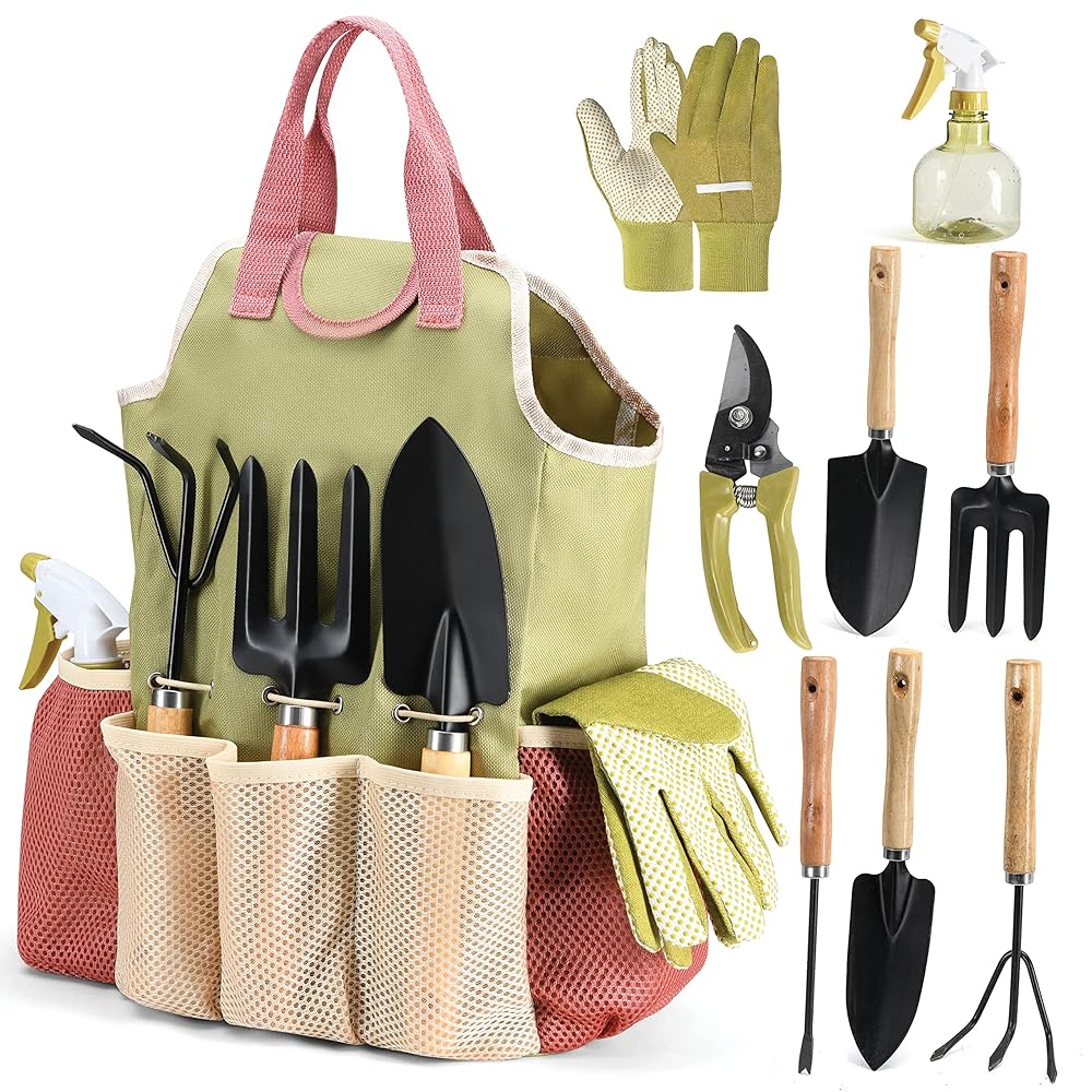 Gardening Tools Set of 10 – Complete Heavy Duty Garden Tools Set with Fashion Handbag – Durable Gardening Supplies Kit Ideal Gardening Gifts for Women