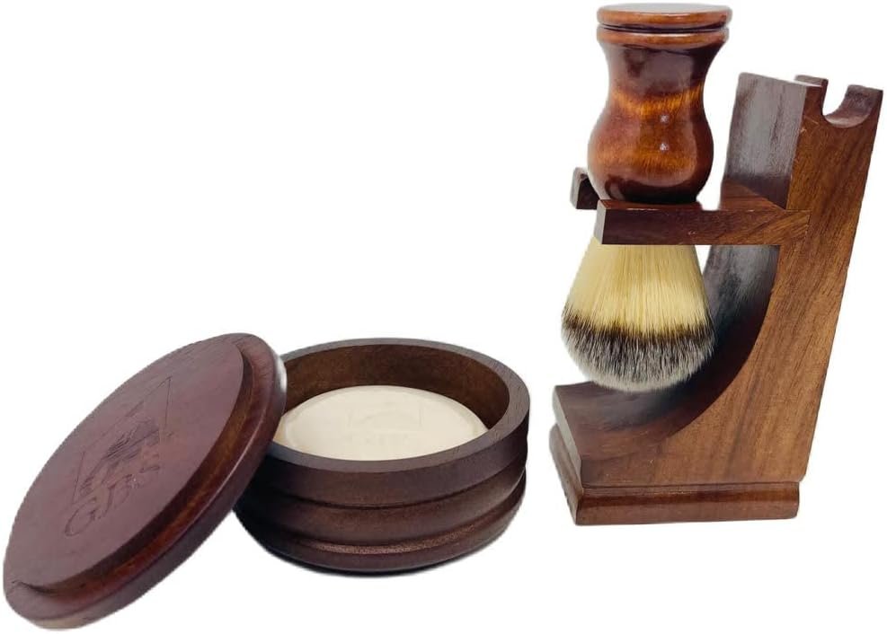 G.B.S Men’s Wood Shaving Bowl and Shave Brush with Stand Set Christmas Gift for Men Stocking Stuffer Grooming Kit