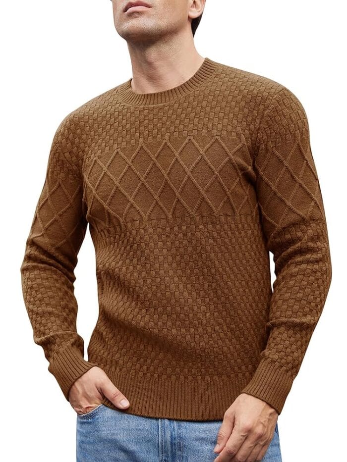 GRACE KARIN Mens Crewneck Pullover Sweater Long Sleeve Waffle Cable Knit Sweaters