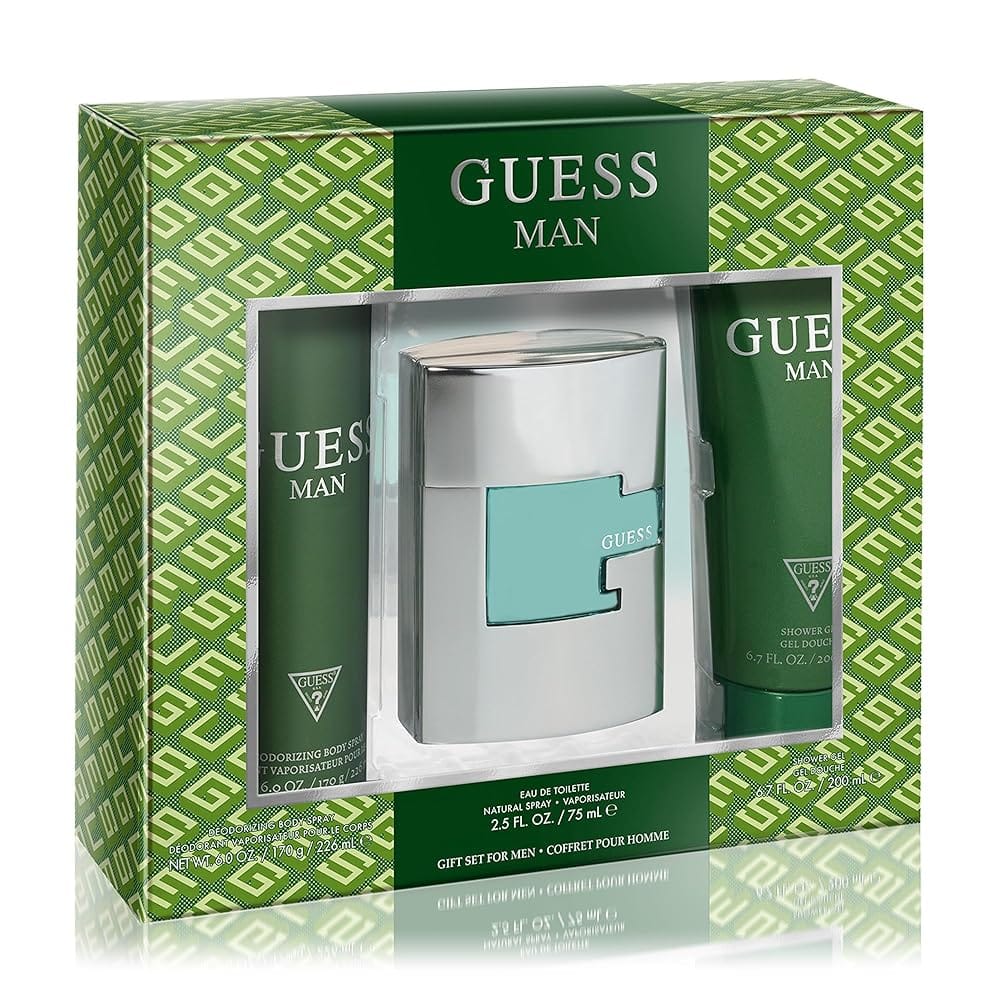 GUESS Man Eau de Toilette 3 Piece Gift Set – Cologne Spray 2.5 Fl. Oz., Deodorizing Body Spray 6.0 Oz., & Shower Gel 6.7 Fl. Oz.