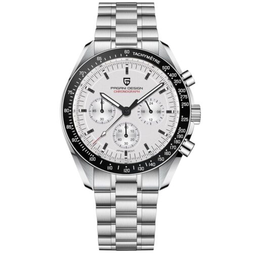 HaiQin Pagani Design 1701 Men's Chronograph Watch White Dial Japanese VK63 Quartz Movement Stainless Steel Strap 100m Waterproof Sports Wristwatch Date