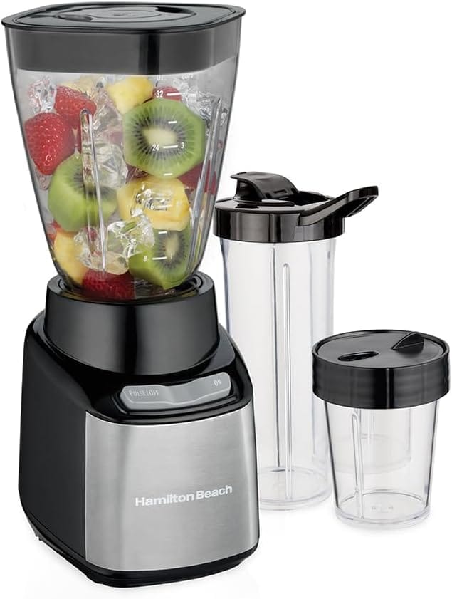 Hamilton Beach Stay or Go Blender for Shakes and Smoothies with 32oz Shatterproof Jar, 8oz Grinder for Nuts & Spices, 2 Portable Travel Cups with Lids, 650 Watts, BPA Free,...