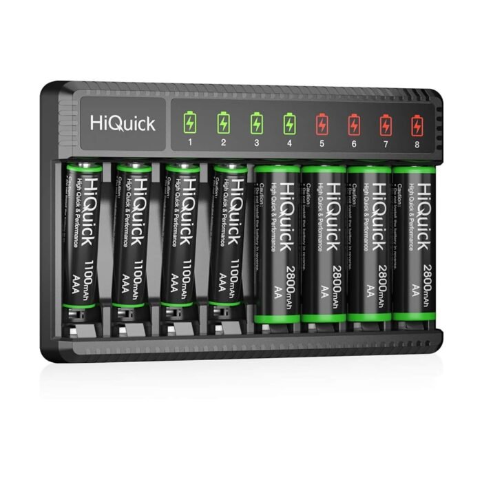 HiQuick 8 Bay Smart Battery Charger with AA & AAA Rechargeable Batteries- Fast Charging Household and 2800mAh Batteries 4 Pack 1100mAh