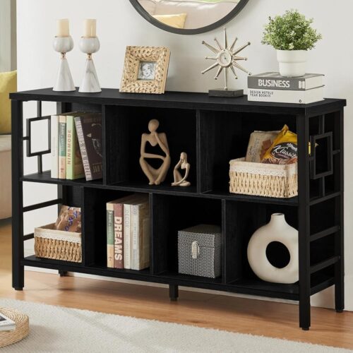 HOMISSUE Cube Storage Organizer Shelf, 3-Tier Rustic Short Wide Bookshelf, Industrial Horizontal Bookshelf with 7 Cube Storage, Low Cube Bookcase for Living Room, Office,...